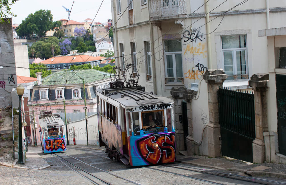 Ascensor da Glória riding along Calçada da Glória in Lisbon