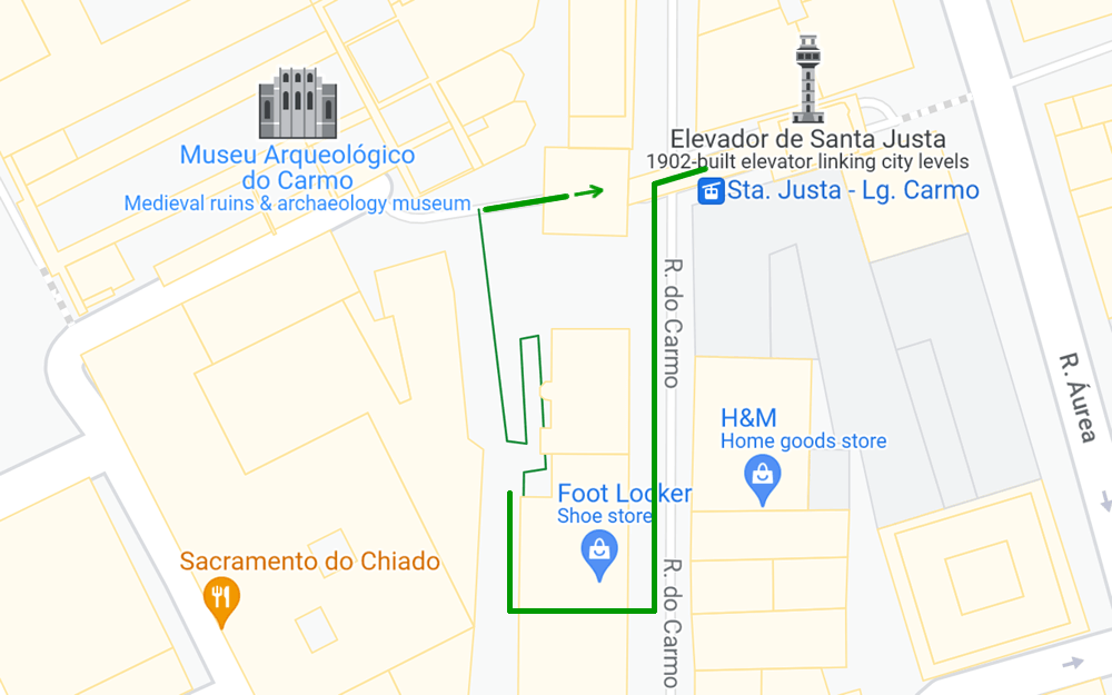 Map to viewing platform of Elevador de Santa Justa in Lisbon, Portugal.