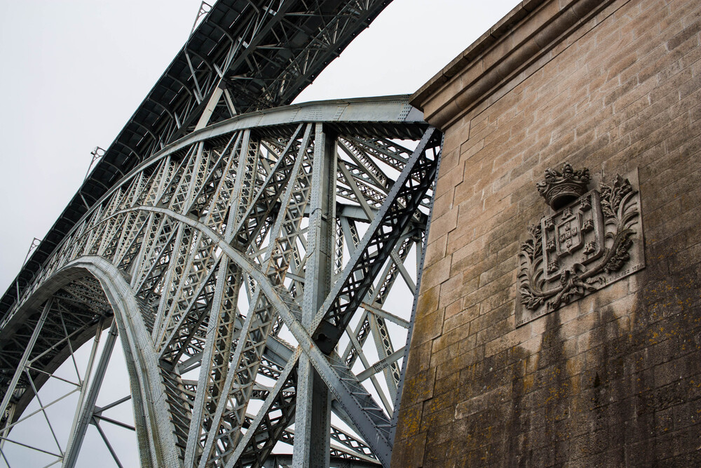 Up close view of Ponte de Dom Luís I, a popular bridge in Porto, Portugal.