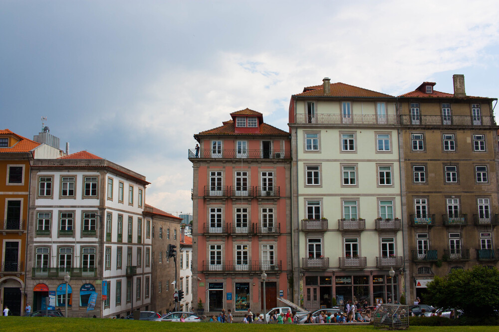 Buildings in Ribeira, Porto near the waterfront.