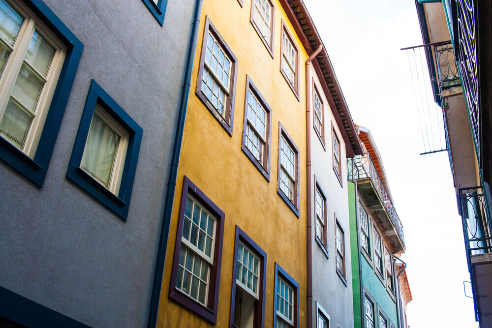 Different colour buildings in Ribeira in Porto, Portugal.