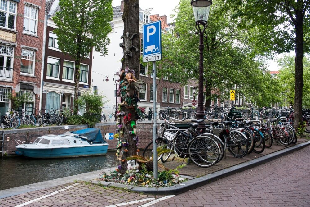 Bicycles along side Bloemgracht in Amsterdam, Netherlands.