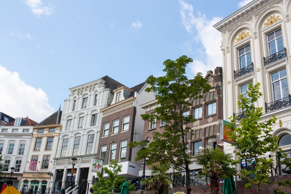 Buildings along Oudegracht, as viewed from canal boat tour in Utrecht.