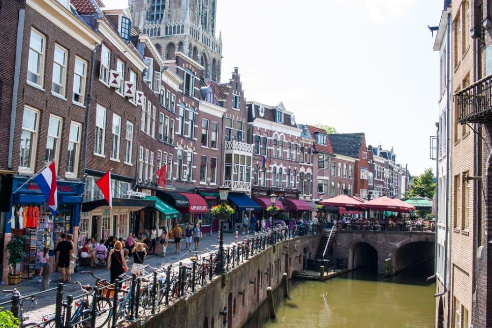 Shops overlooking Oudegracht in Utrecht, Nethelands.