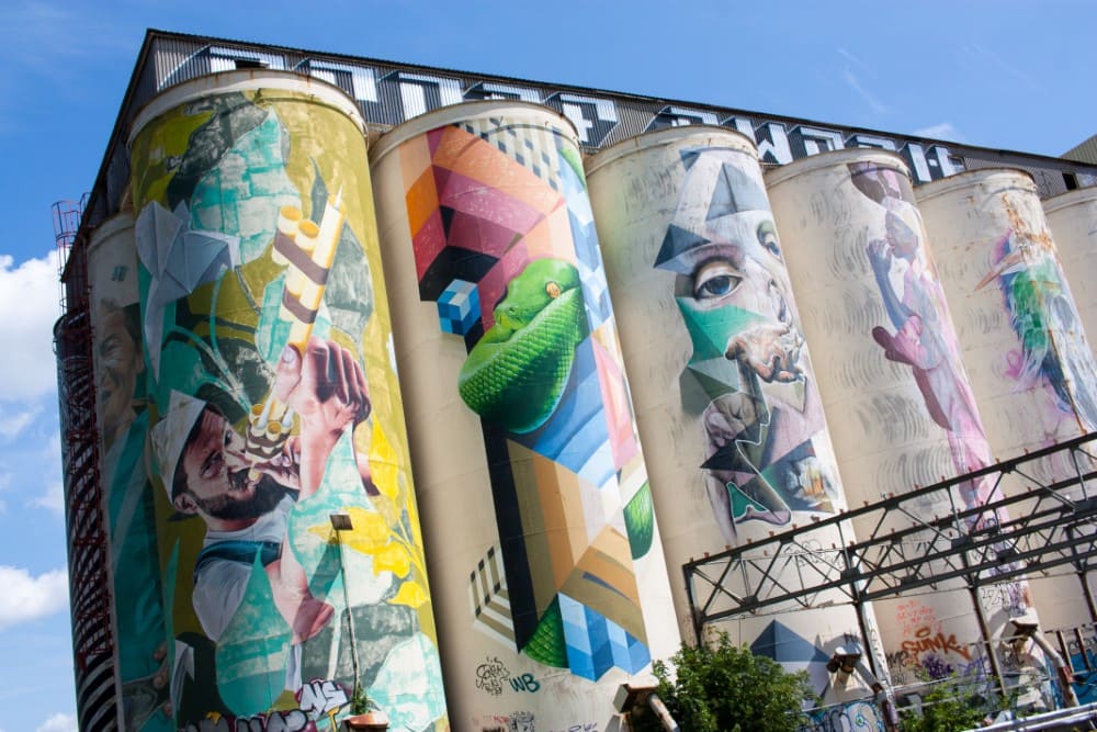 Painted silos at Tramkade in Den Bosch, Netherlands.